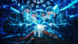 Christophe Chautems, Matt Curran, Grace Katzschmann et Bradley Nelson (de g. à dr.) donnent la possibilité de pratiquer des interventions chirurgicales aux petits hôpitaux. (Illustration créée à l’aide d’un modèle d’IA)