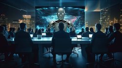 Lors d'une enquête menée auprès de 800 CEO, la moitié a déclaré que les algorithmes pourraient prendre en charge la plupart, voire la totalité de leurs activités. Cette illustration a été réalisée à l'aide du modèle d'IA Midjourney et vérifiée par un être humain.