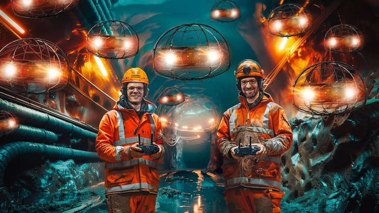 Alexandre Cherpillod (à g.) et Samir Bouabdallah visent le marché mondial avec leurs drones d’inspection. (Illustration créée à l’aide d’un modèle d’IA)