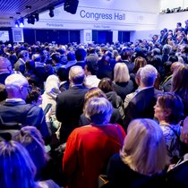 La foule des participants se presse dans le plus vaste auditorium du WEF, avant l’allocution du président américain, Donald Trump, lors de la 56e édition en janvier dernier.
