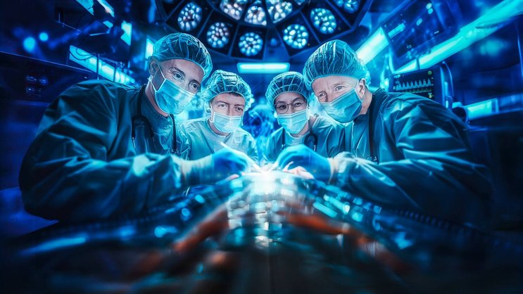 Christophe Chautems, Matt Curran, Grace Katzschmann et Bradley Nelson (de g. à dr.) donnent la possibilité de pratiquer des interventions chirurgicales aux petits hôpitaux. (Illustration créée à l’aide d’un modèle d’IA)