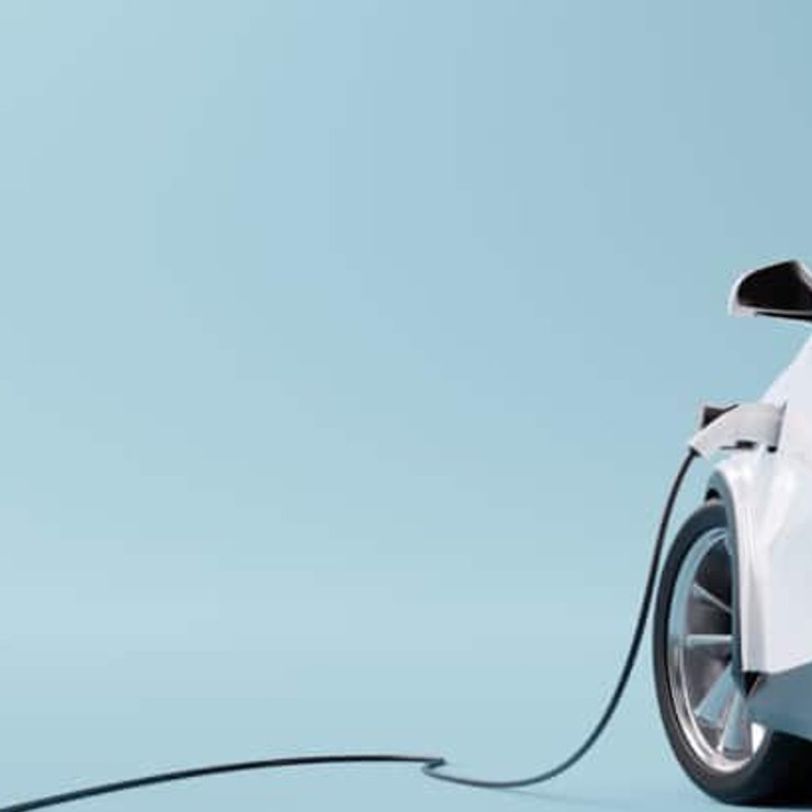 E-mobility, electric car charging battery on blue background. 3d