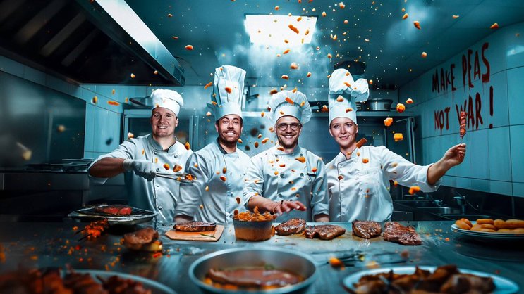 Christoph Jenny, Pascal Bieri, Lukas Böni et Judith Wemmer (de g. à dr.), des pionniers de la viande végétale saine et goûteuse. (illustration créée à l’aide d’un modèle d’IA)