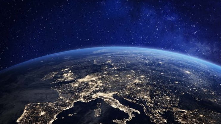Europe at night from space, city lights, elements from NASA