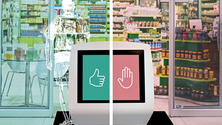 Munie de capteurs, la borne digitale «Stop&Go» compte les personnes qui entrent et sortent d’un magasin.