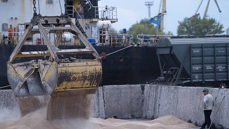 Des ouvriers chargent des céréales dans un port céréalier à Izmail, en Ukraine, en avril dernier (Photo d'illustration).
