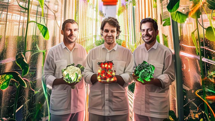 Dominik Blaser, Jonas Roch et Nicolas Weber (de g. à dr.) transforment les serres en centrales solaires. (illustration créée à l’aide d’un modèle d’IA)