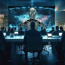 Lors d'une enquête menée auprès de 800 CEO, la moitié a déclaré que les algorithmes pourraient prendre en charge la plupart, voire la totalité de leurs activités. Cette illustration a été réalisée à l'aide du modèle d'IA Midjourney et vérifiée par un être humain.