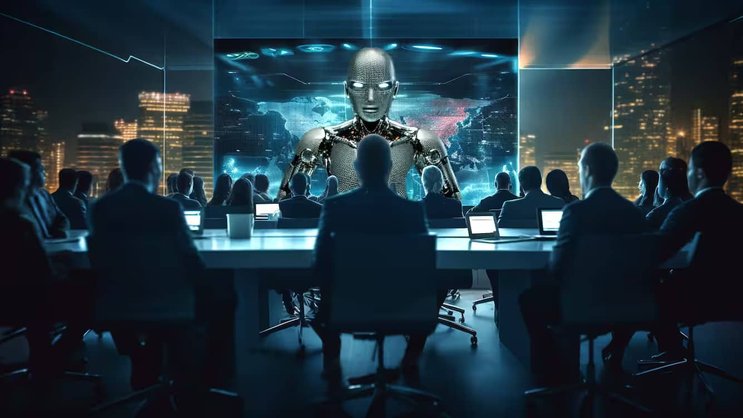 Lors d'une enquête menée auprès de 800 CEO, la moitié a déclaré que les algorithmes pourraient prendre en charge la plupart, voire la totalité de leurs activités. Cette illustration a été réalisée à l'aide du modèle d'IA Midjourney et vérifiée par un être humain.