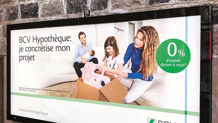 La campagne d’affichage de la BCV met en avant un taux de 0% durant six mois pour tout nouveau prêt hypothécaire.