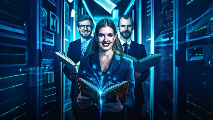 Kevin Roth, Paulina Grnarova et Yannic Kilcher (de g. à dr.) transforment la paperasse en mine d’or. (Illustration créée à l’aide d’un modèle d’IA)